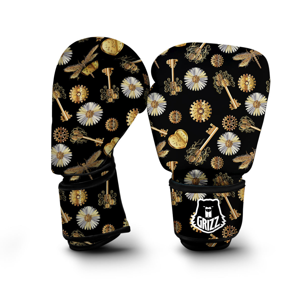 Floral Steampunk Pattern Print Boxing Gloves-grizzshop