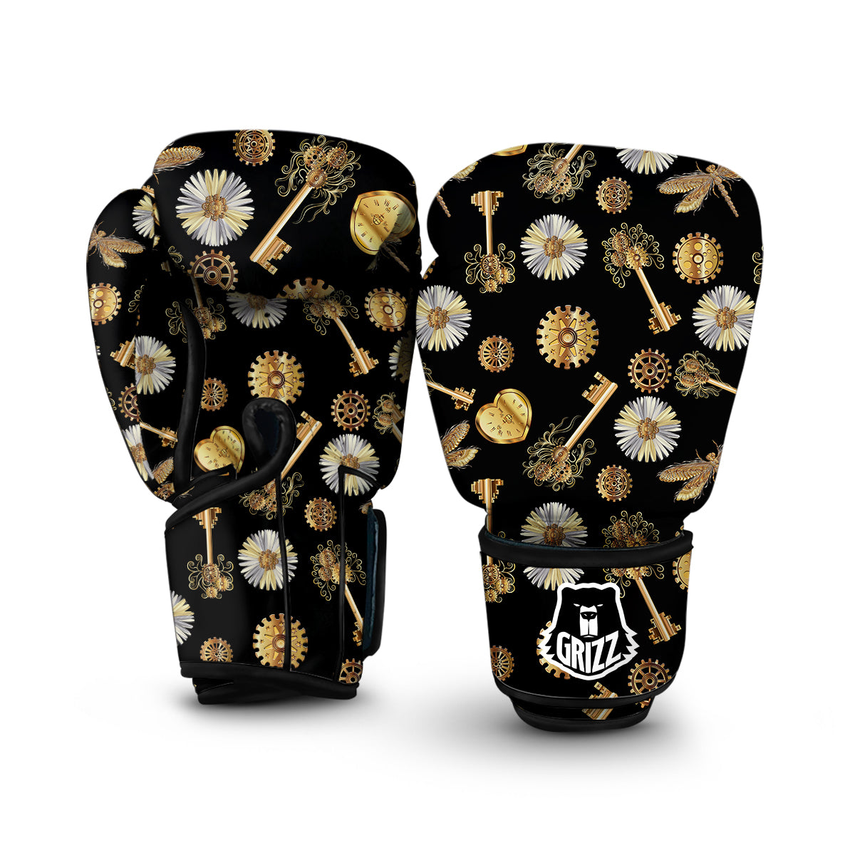 Floral Steampunk Pattern Print Boxing Gloves-grizzshop