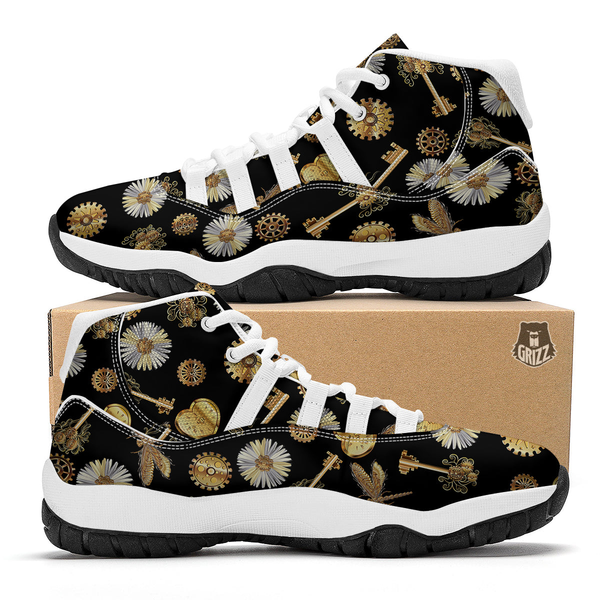 Floral Steampunk Pattern Print White Bball Shoes-grizzshop