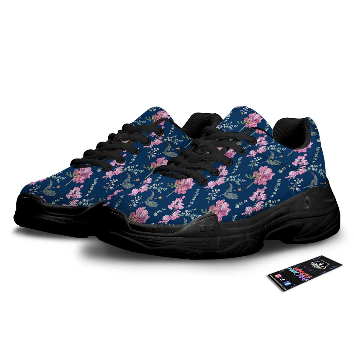 Floral Sweet Pea Print Pattern Black Chunky Shoes-grizzshop