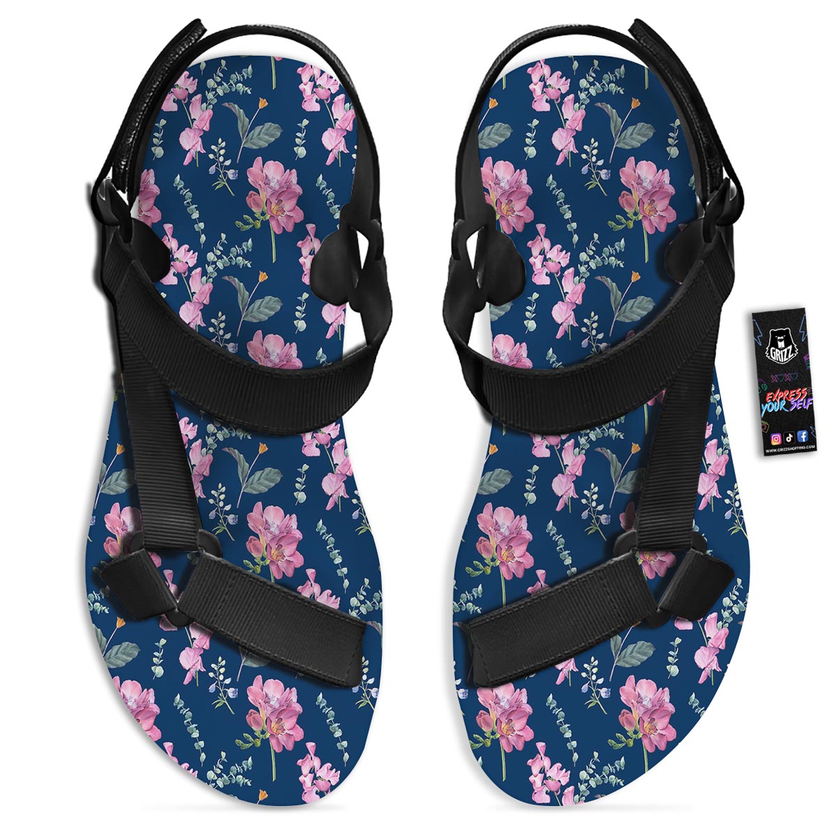 Floral Sweet Pea Print Pattern Black Open Toe Sandals-grizzshop
