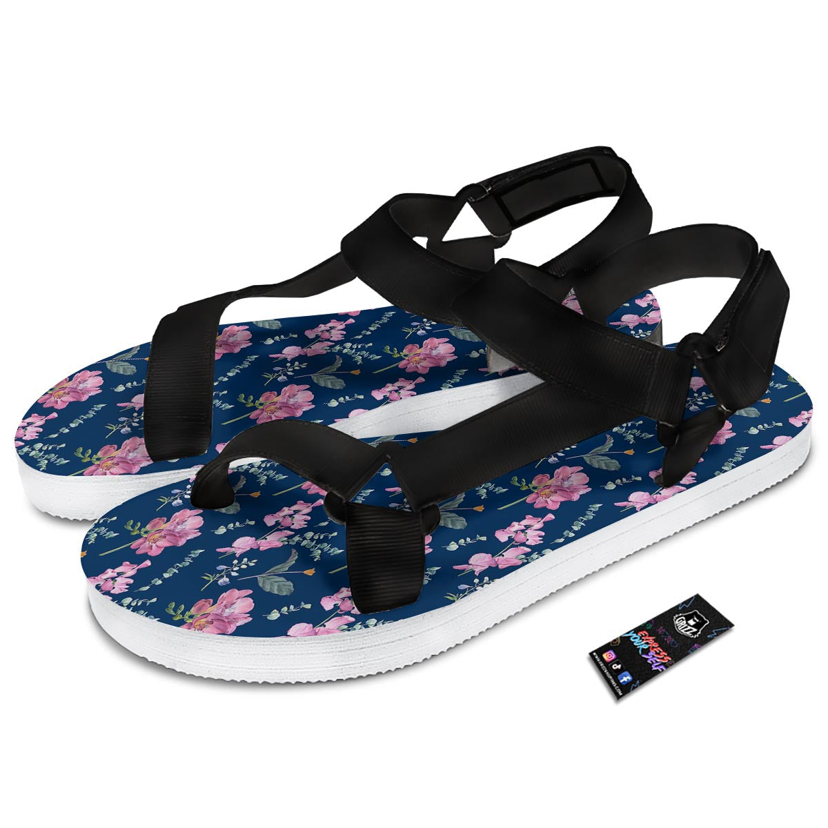Floral Sweet Pea Print Pattern Black Open Toe Sandals-grizzshop