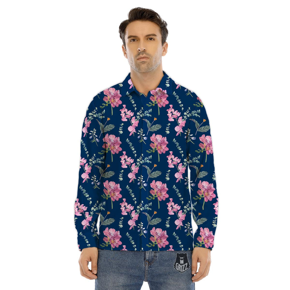 Floral Sweet Pea Print Pattern Men's Dress Shirts-grizzshop