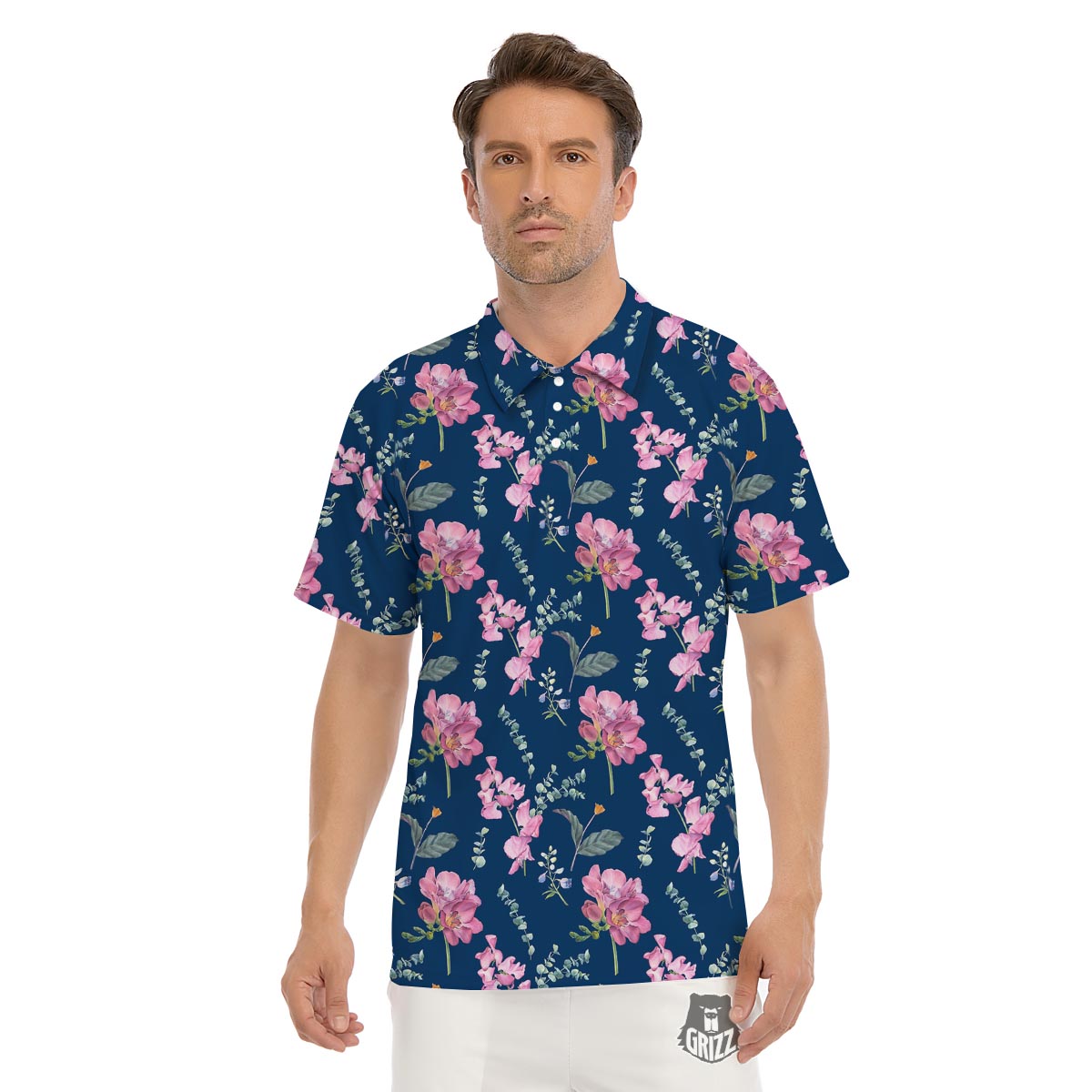 Floral Sweet Pea Print Pattern Men's Golf Shirts-grizzshop