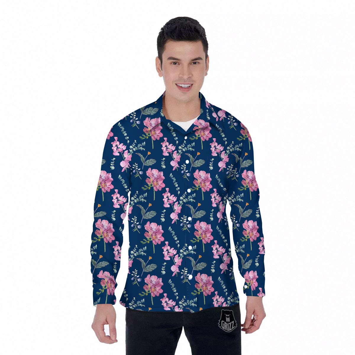 Floral Sweet Pea Print Pattern Men's Long Sleeve Shirts-grizzshop