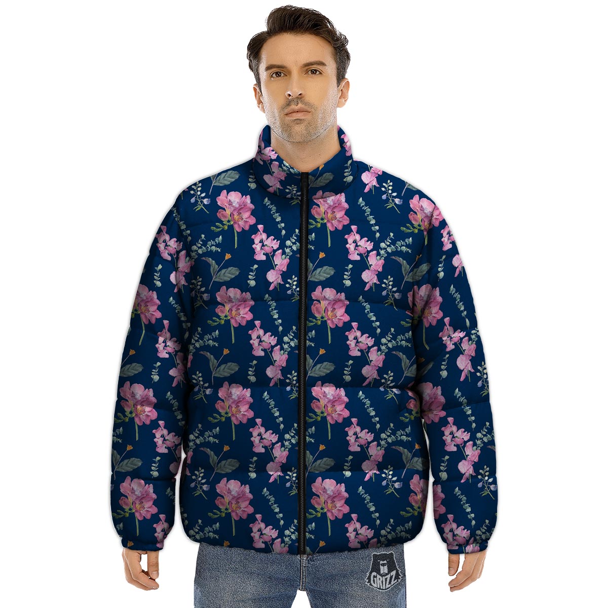 Floral Sweet Pea Print Pattern Puffer Jacket-grizzshop