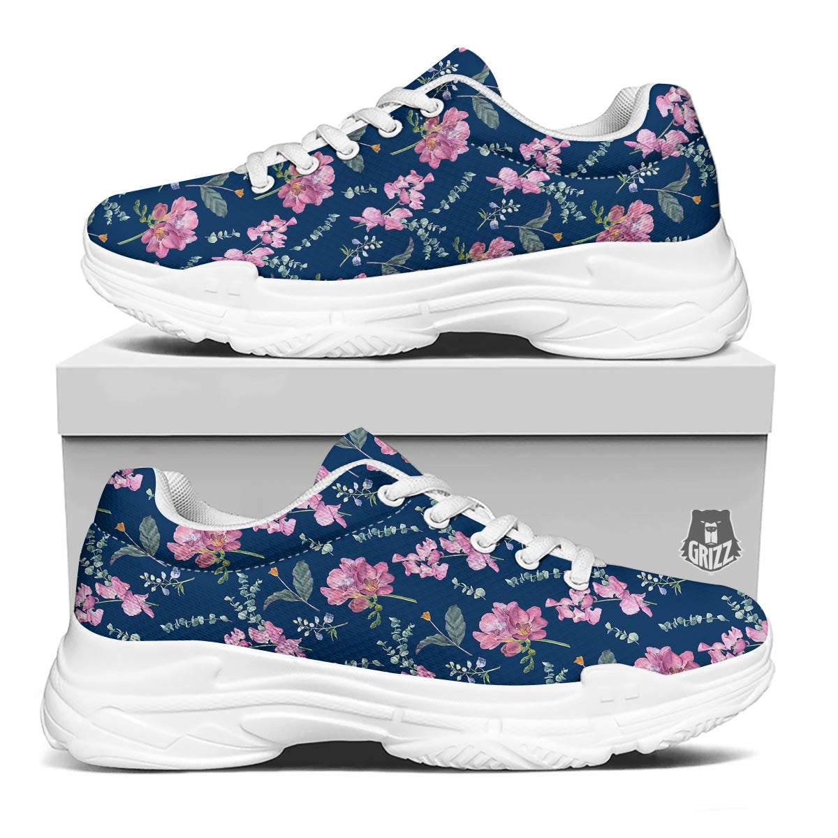 Floral Sweet Pea Print Pattern White Chunky Shoes-grizzshop