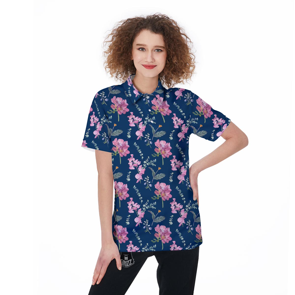 Floral Sweet Pea Print Pattern Women's Golf Shirts-grizzshop