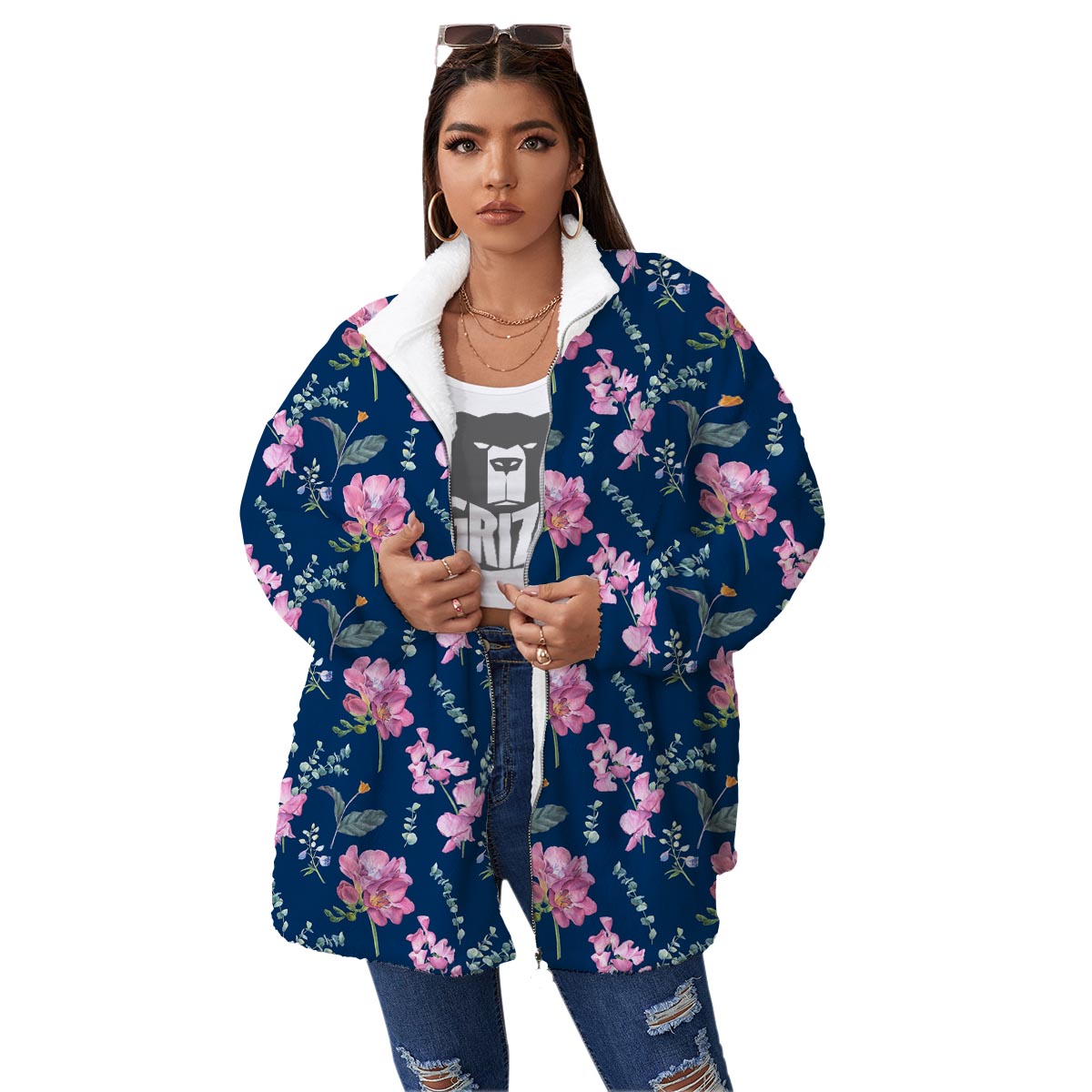 Floral Sweet Pea Print Pattern Women's Sherpa Jacket-grizzshop