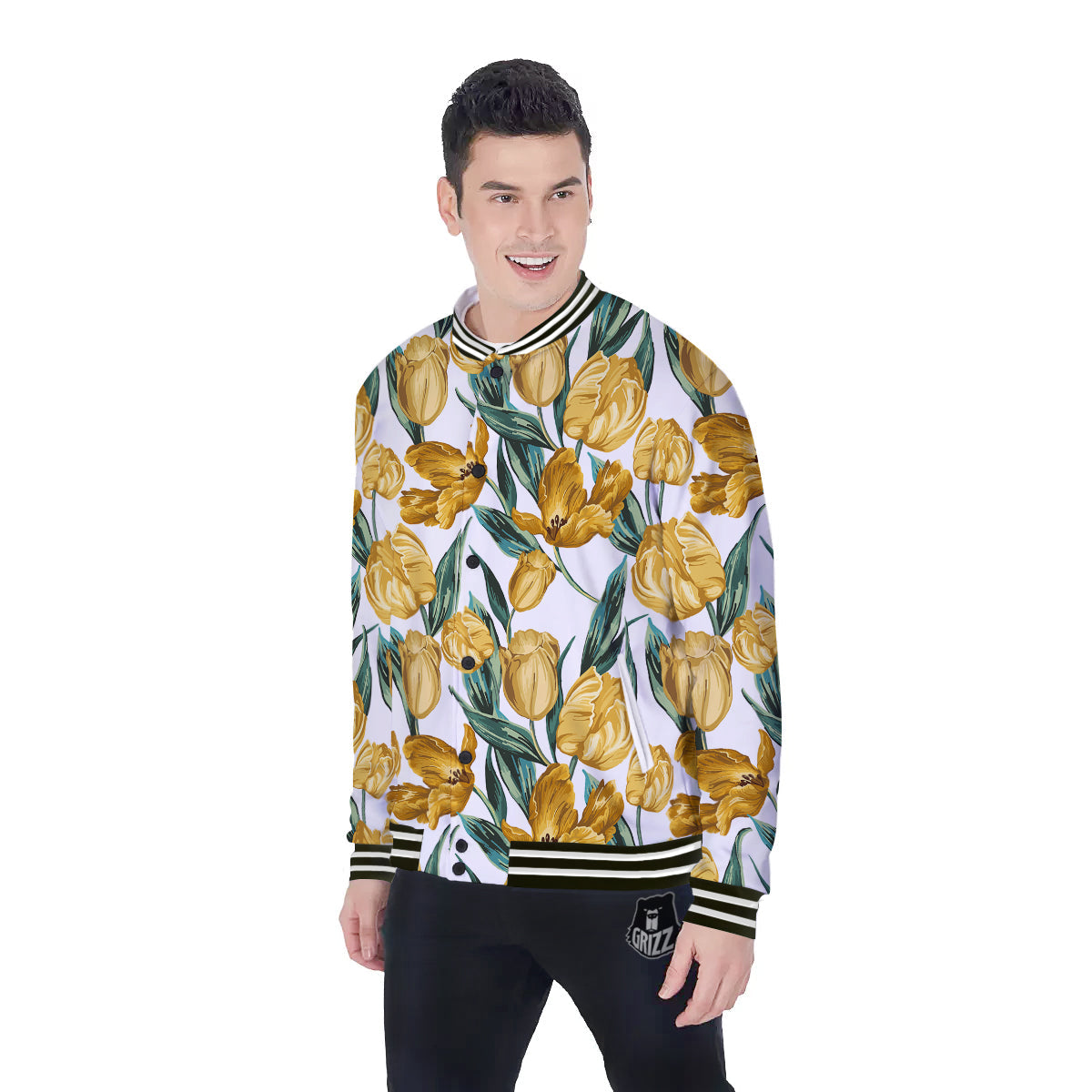 Floral Tulip Yellow Print Pattern Baseball Jacket-grizzshop
