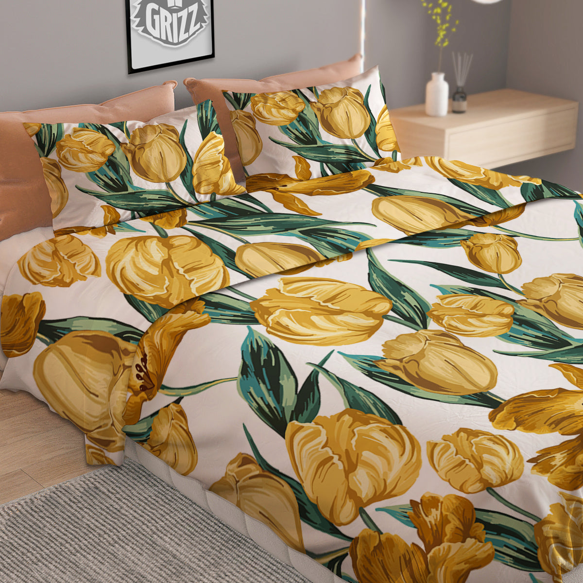 Floral Tulip Yellow Print Pattern Duvet Cover Bedding Set