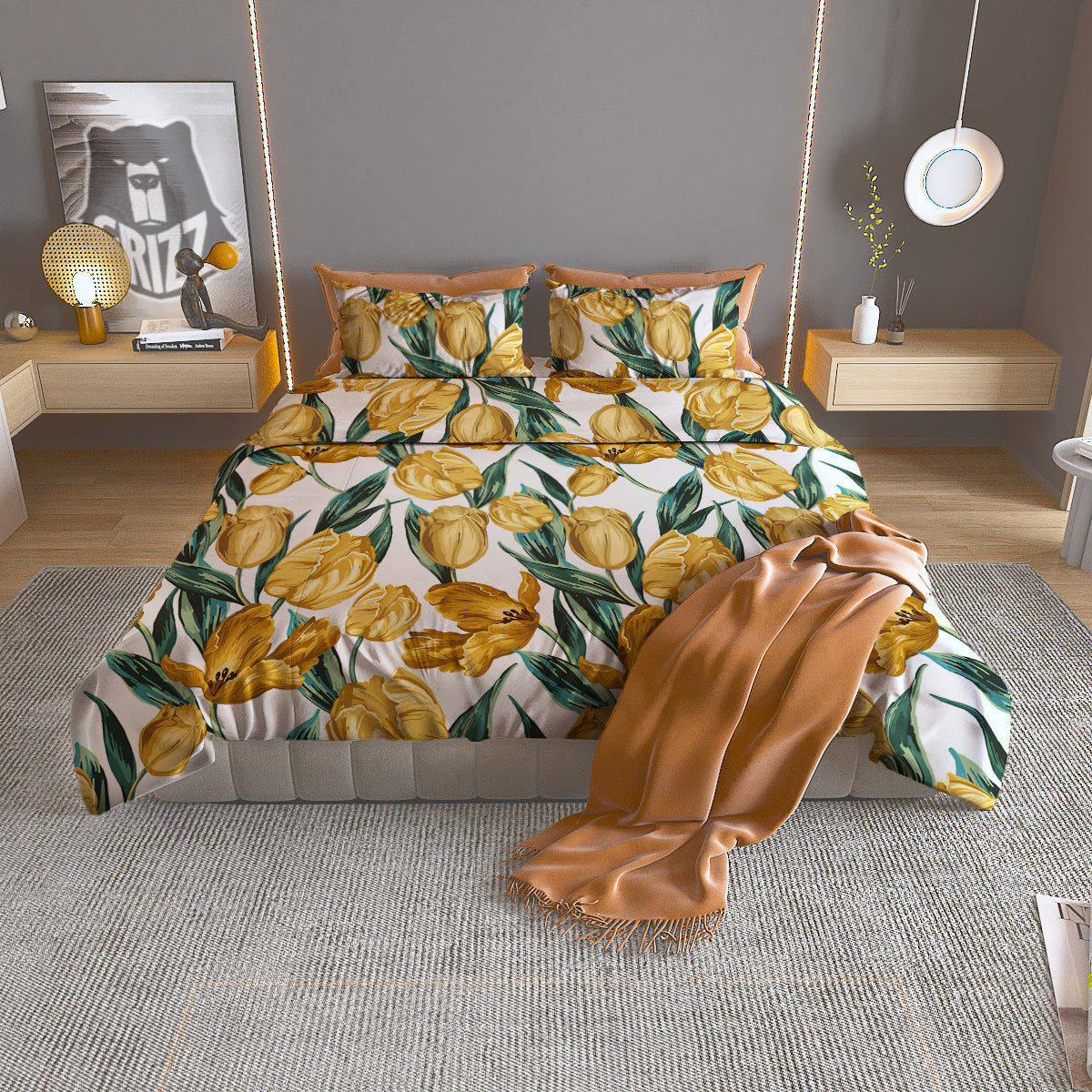 Floral Tulip Yellow Print Pattern Duvet Cover Bedding Set