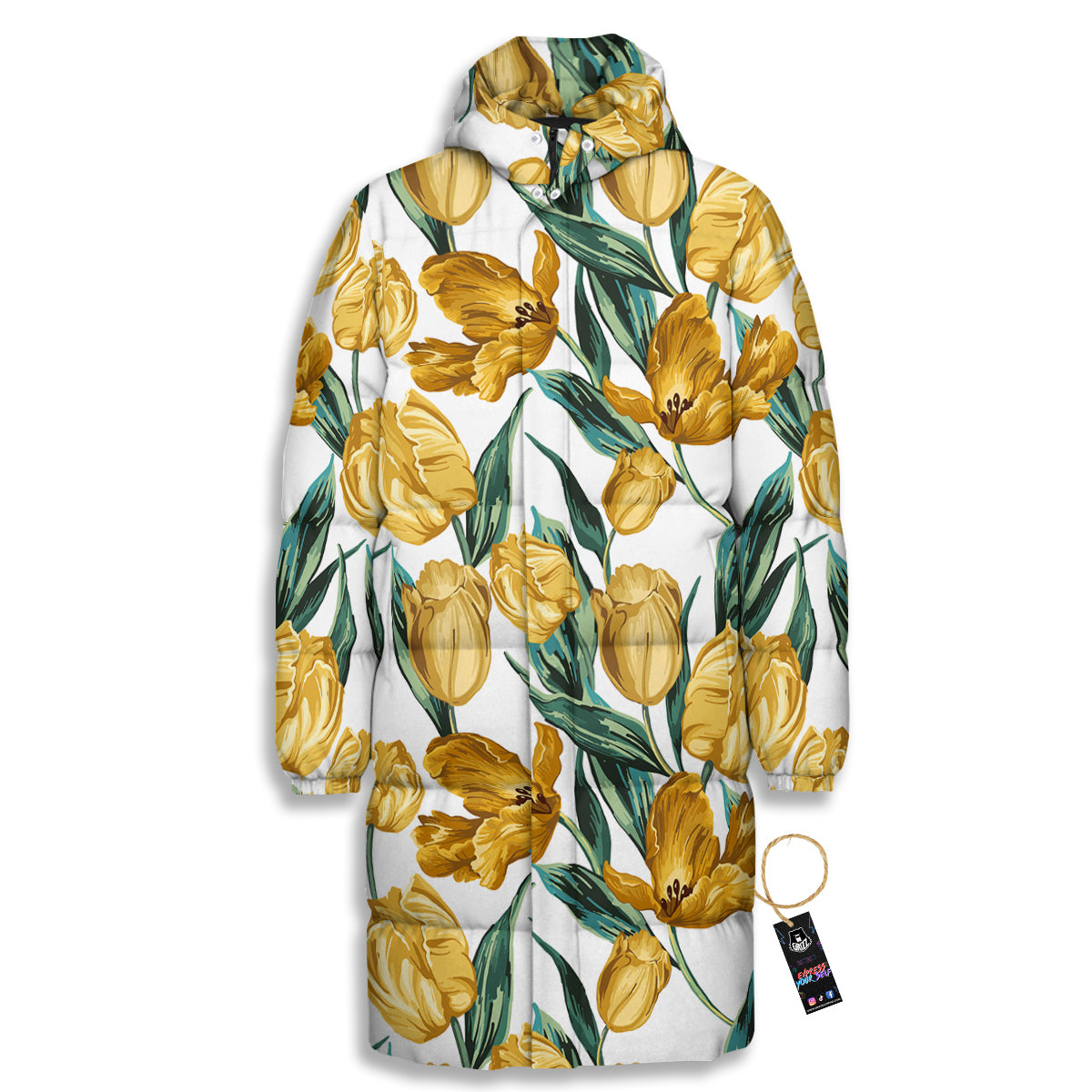 Floral Tulip Yellow Print Pattern Long Down Jacket-grizzshop