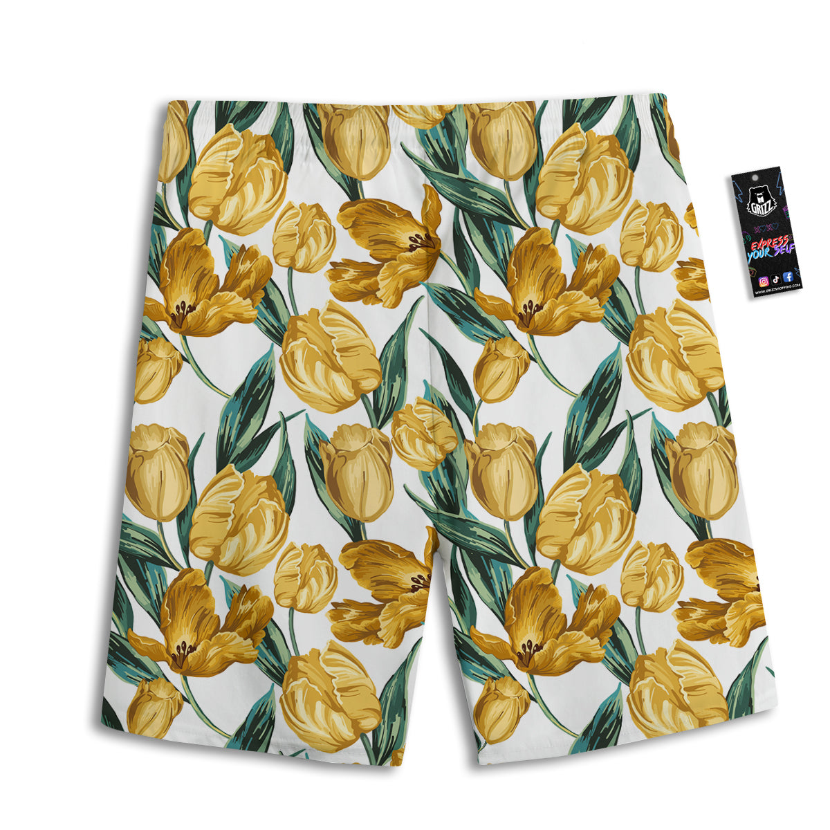 Floral Tulip Yellow Print Pattern Men's Athletic Shorts