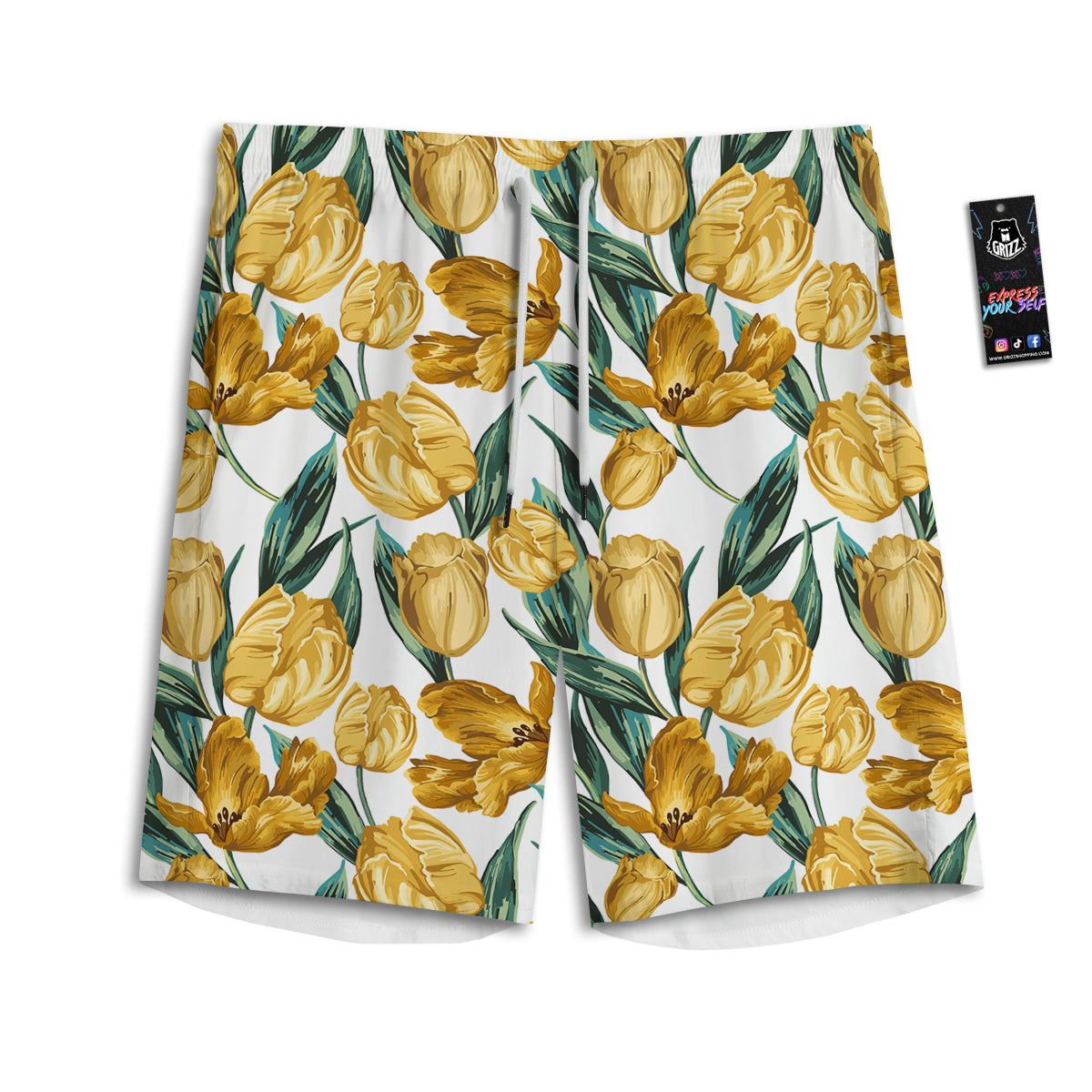 Floral Tulip Yellow Print Pattern Men's Athletic Shorts