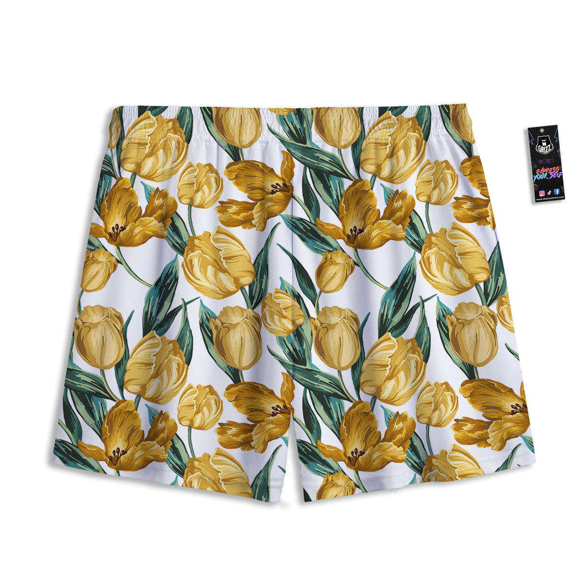 Floral Tulip Yellow Print Pattern Mesh Shorts