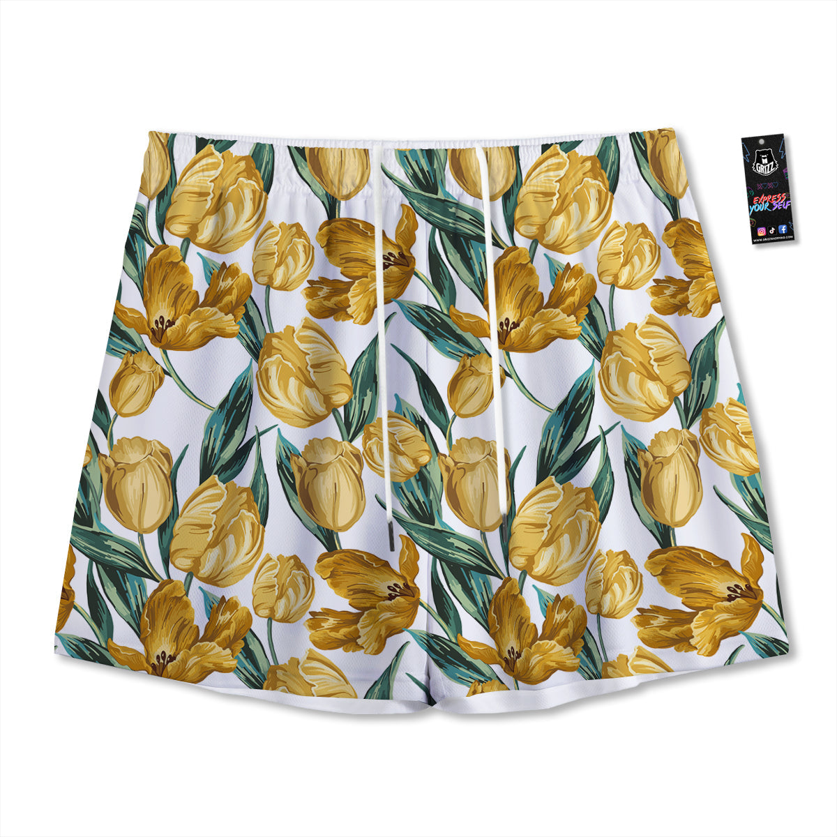 Floral Tulip Yellow Print Pattern Mesh Shorts