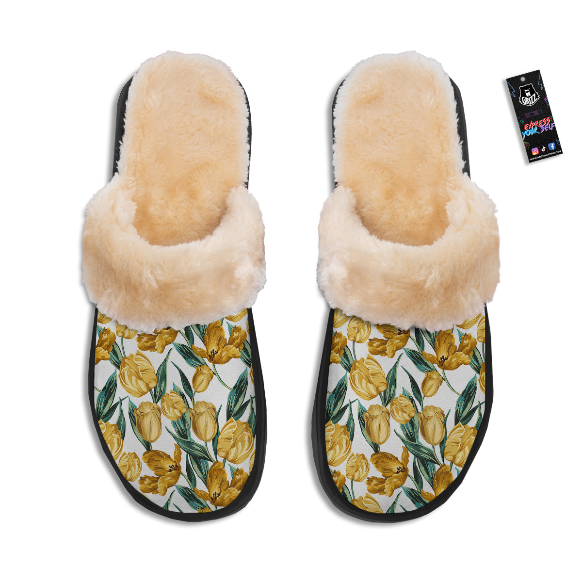 Floral Tulip Yellow Print Pattern Slippers-grizzshop