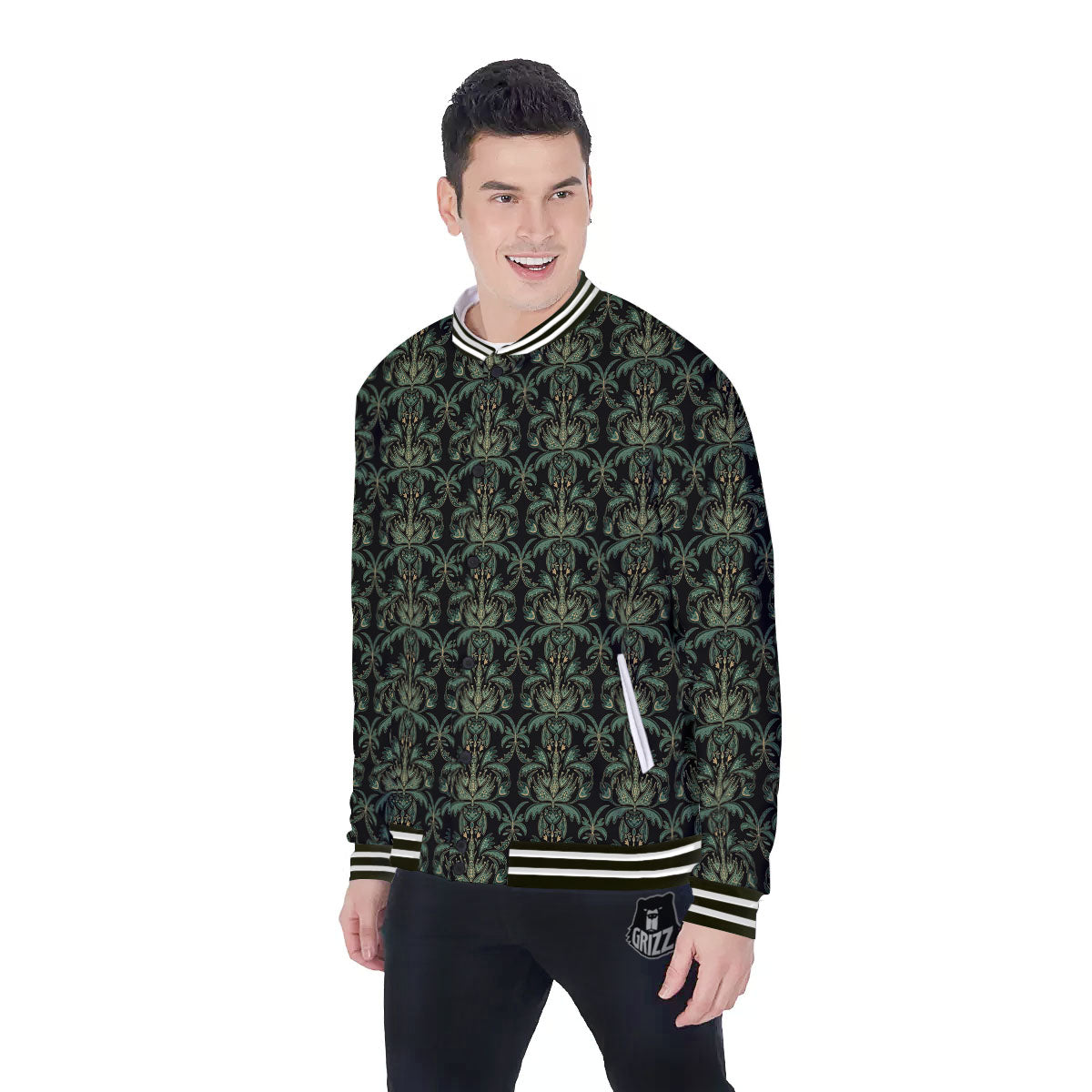 Floral Western Dark Print Pattern Baseball Jacket-grizzshop