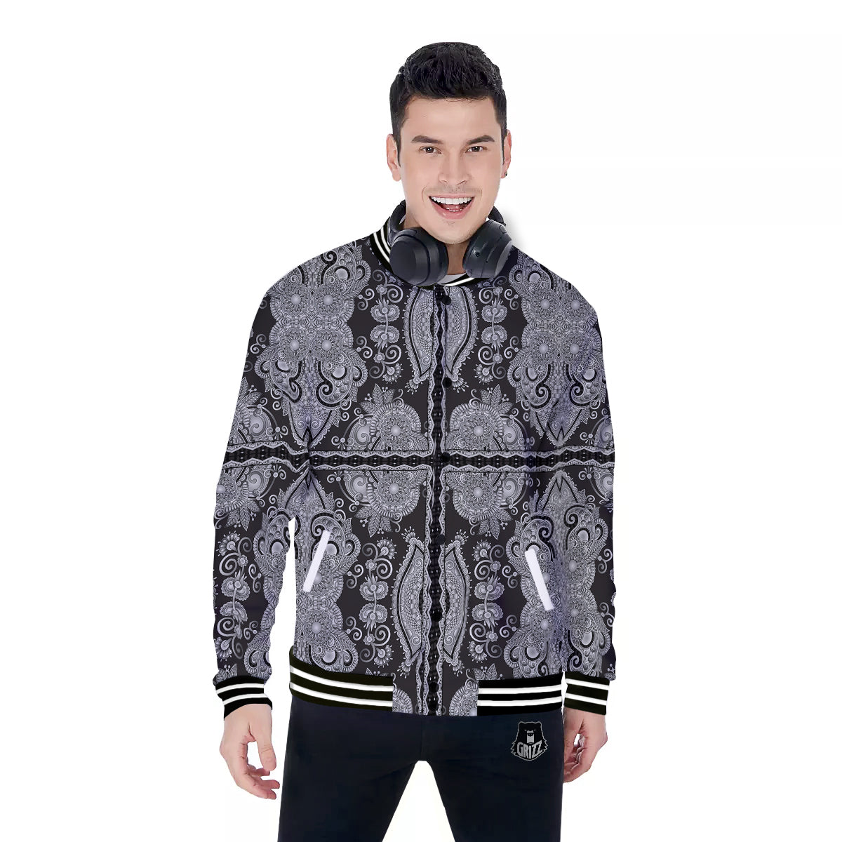 Floral Western Grey And White Print Pattern Baseball Jacket-grizzshop