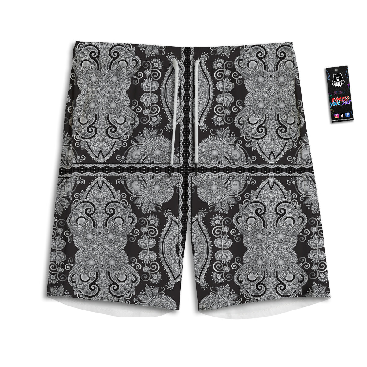 Floral Western Grey And White Print Pattern Men's Athletic Shorts