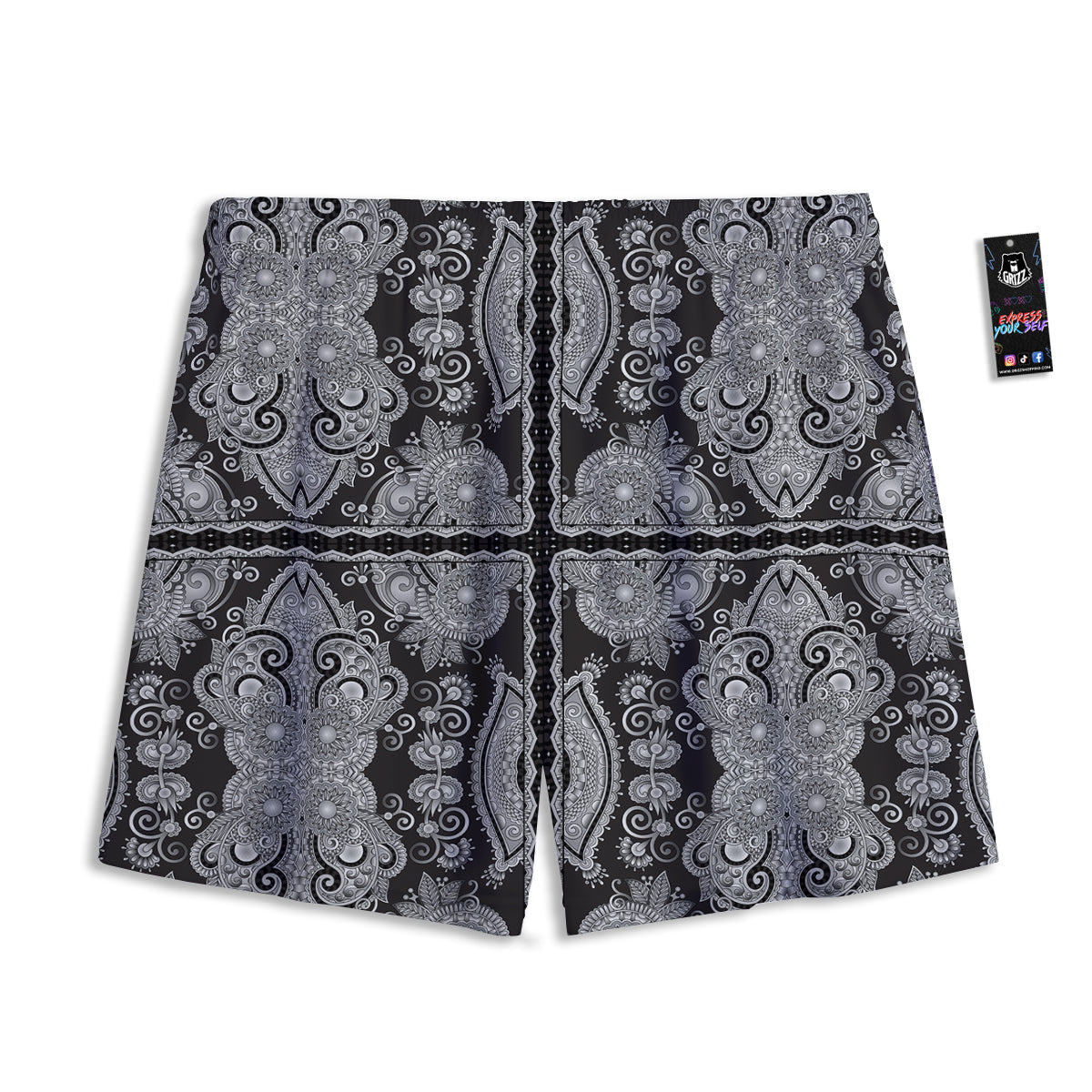 Floral Western Grey And White Print Pattern Mesh Shorts