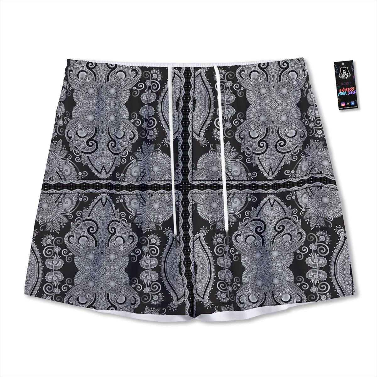 Floral Western Grey And White Print Pattern Mesh Shorts