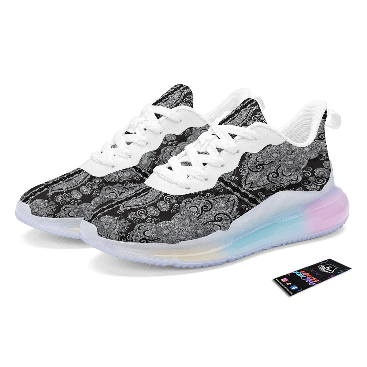 Floral Western Grey And White Print Pattern Running Sneakers-grizzshop