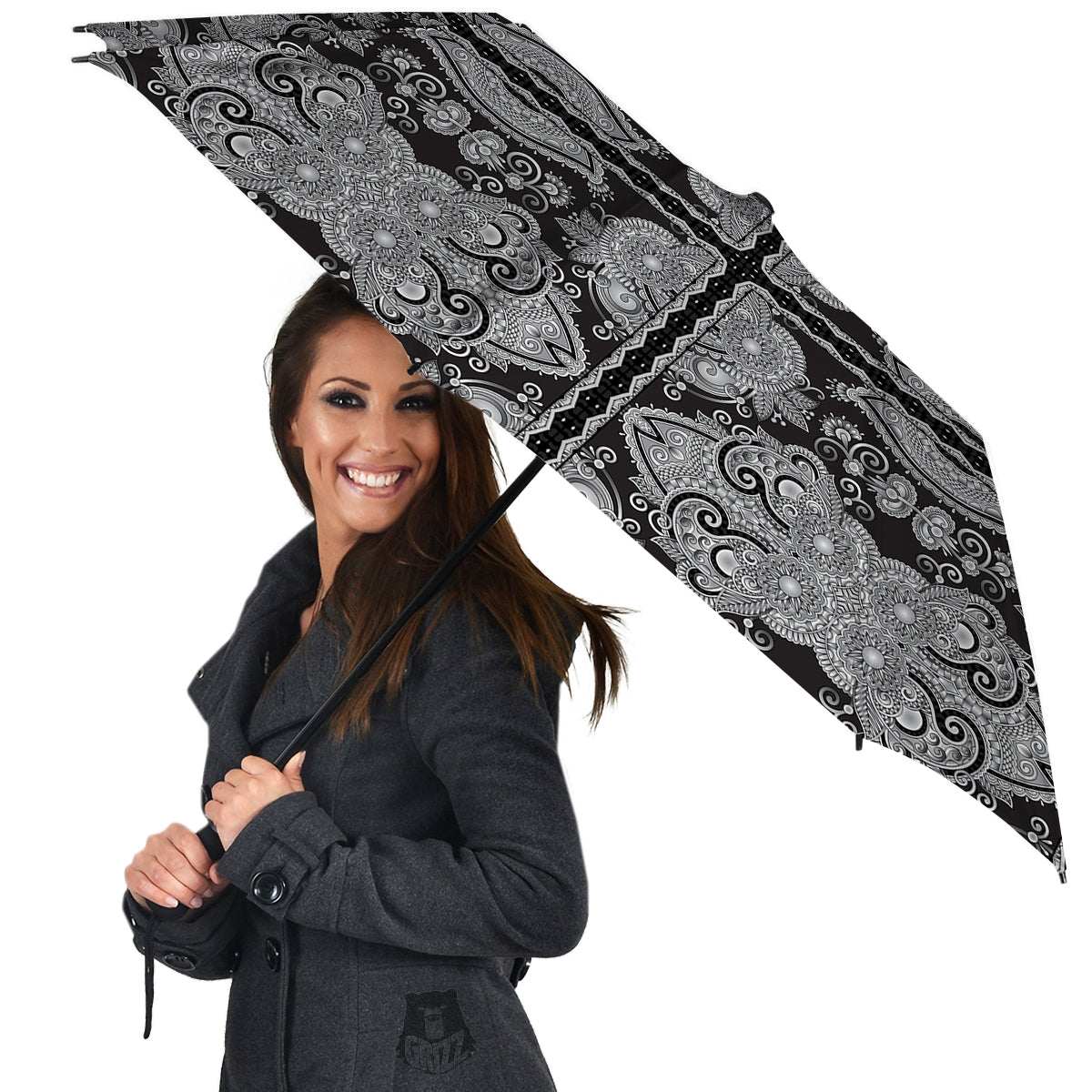 Floral Western Grey And White Print Pattern Umbrella-grizzshop