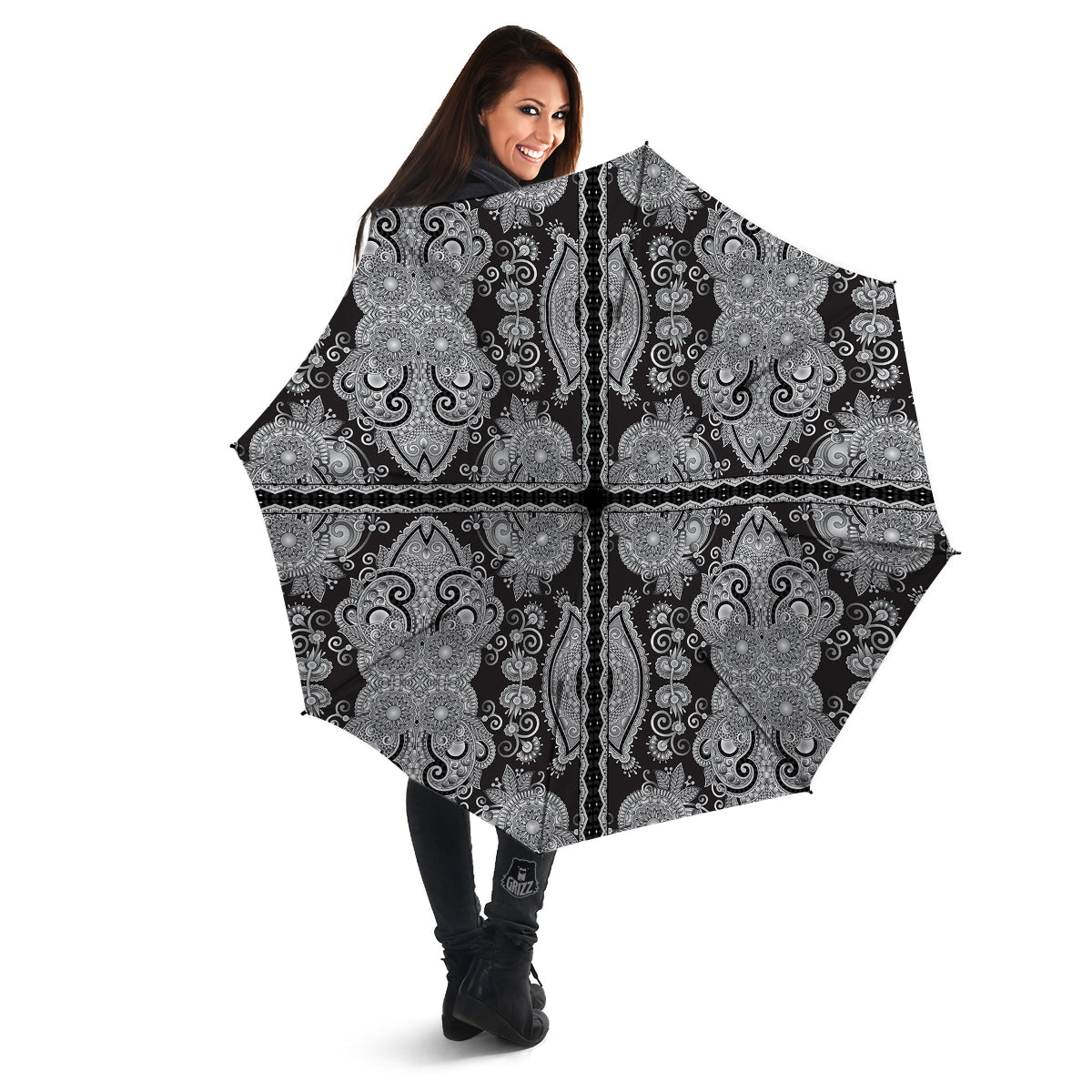 Floral Western Grey And White Print Pattern Umbrella-grizzshop