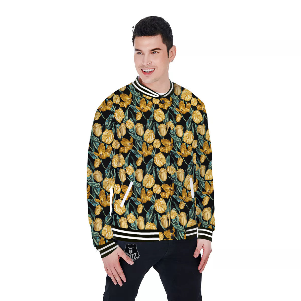 Floral Yellow And Gold Print Baseball Jacket-grizzshop