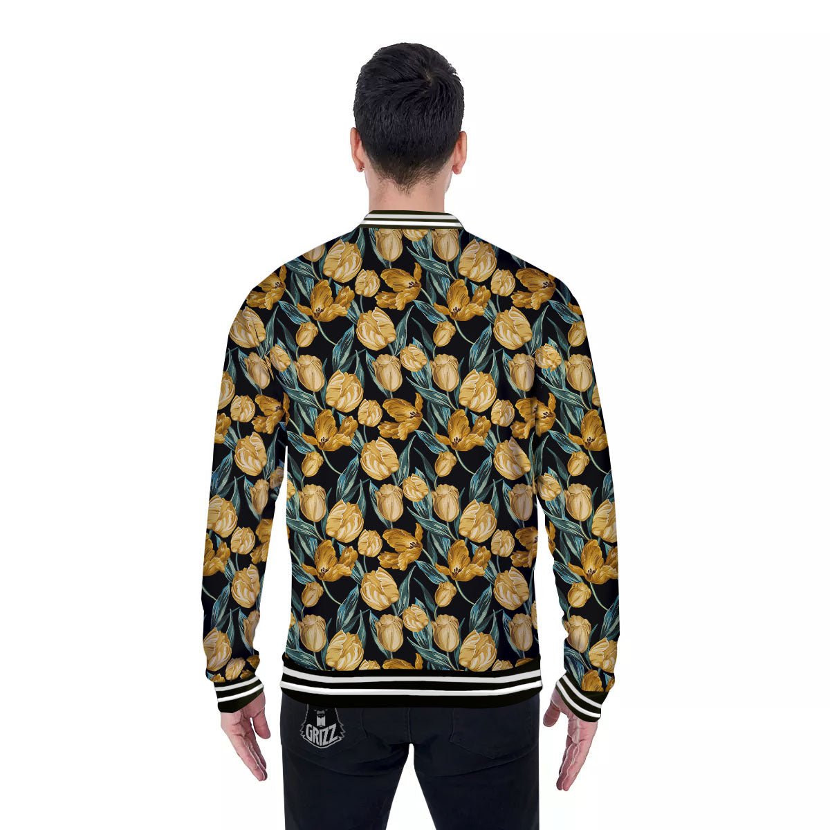 Floral Yellow And Gold Print Baseball Jacket-grizzshop