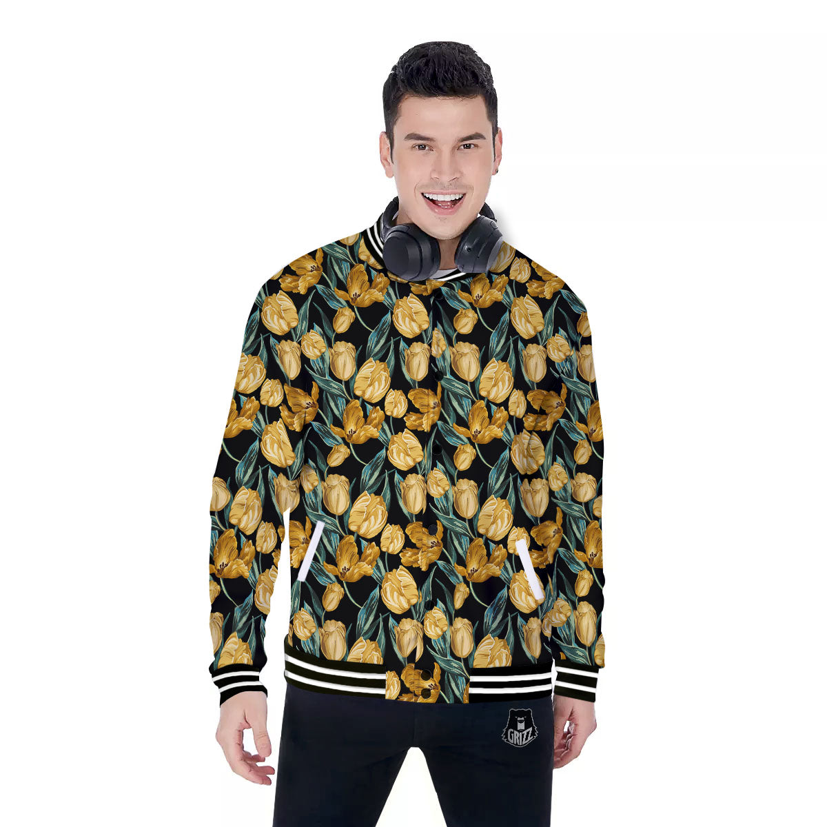 Floral Yellow And Gold Print Baseball Jacket-grizzshop