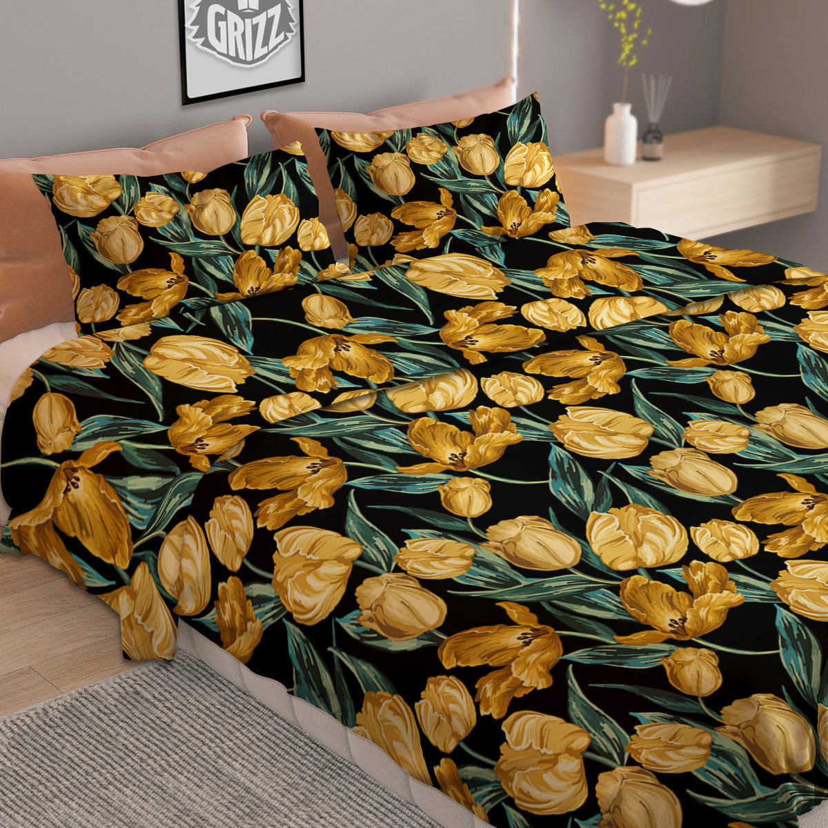 Floral Yellow And Gold Print Duvet Cover Bedding Set