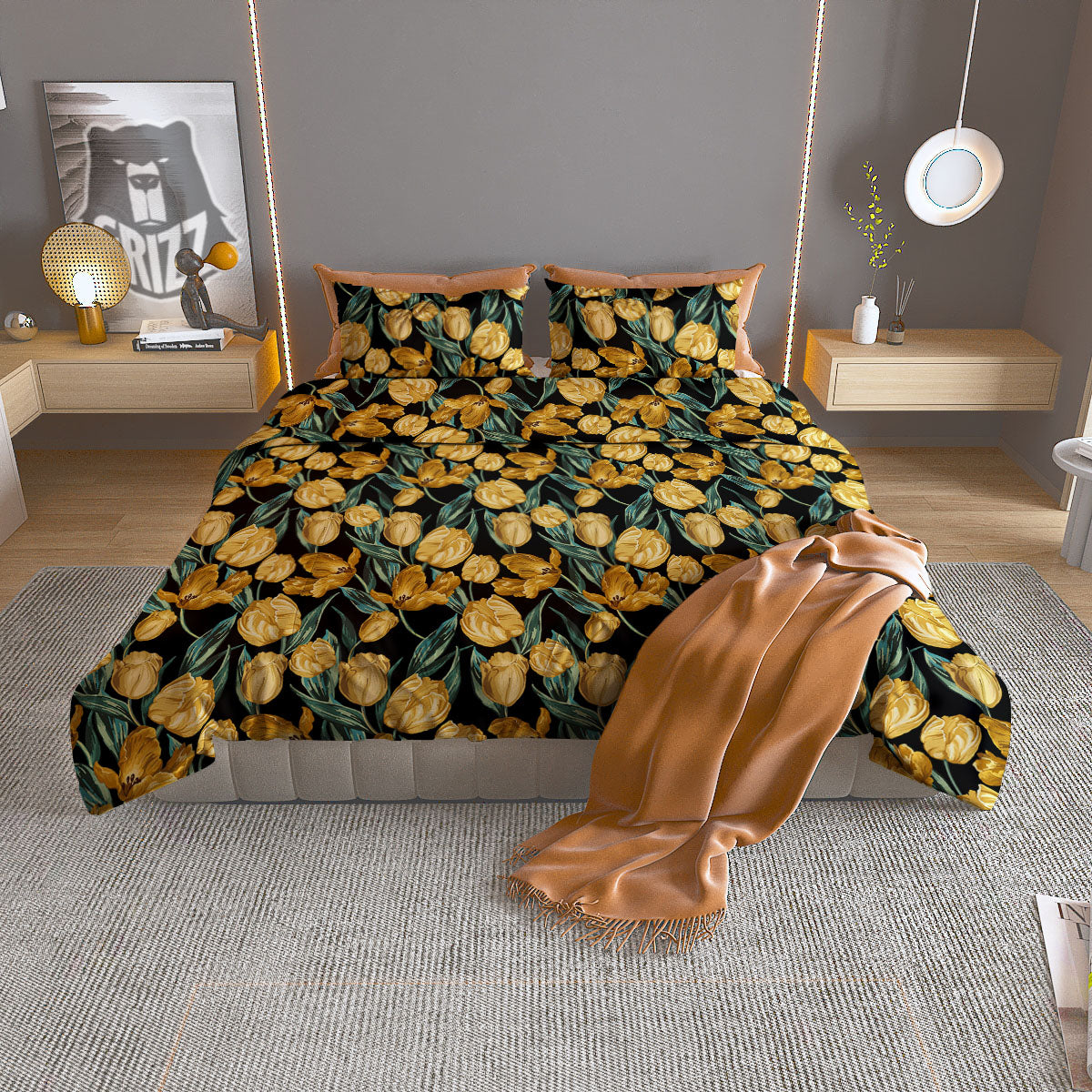Floral Yellow And Gold Print Duvet Cover Bedding Set