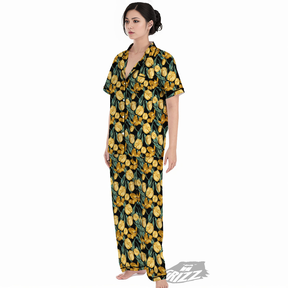 Floral Yellow And Gold Print Women's Pajamas Set-grizzshop