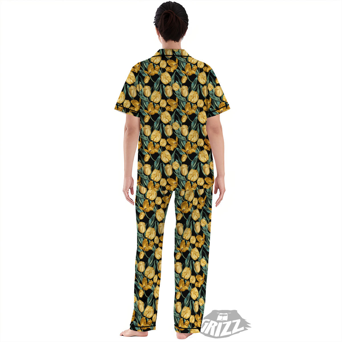 Floral Yellow And Gold Print Women's Pajamas Set-grizzshop