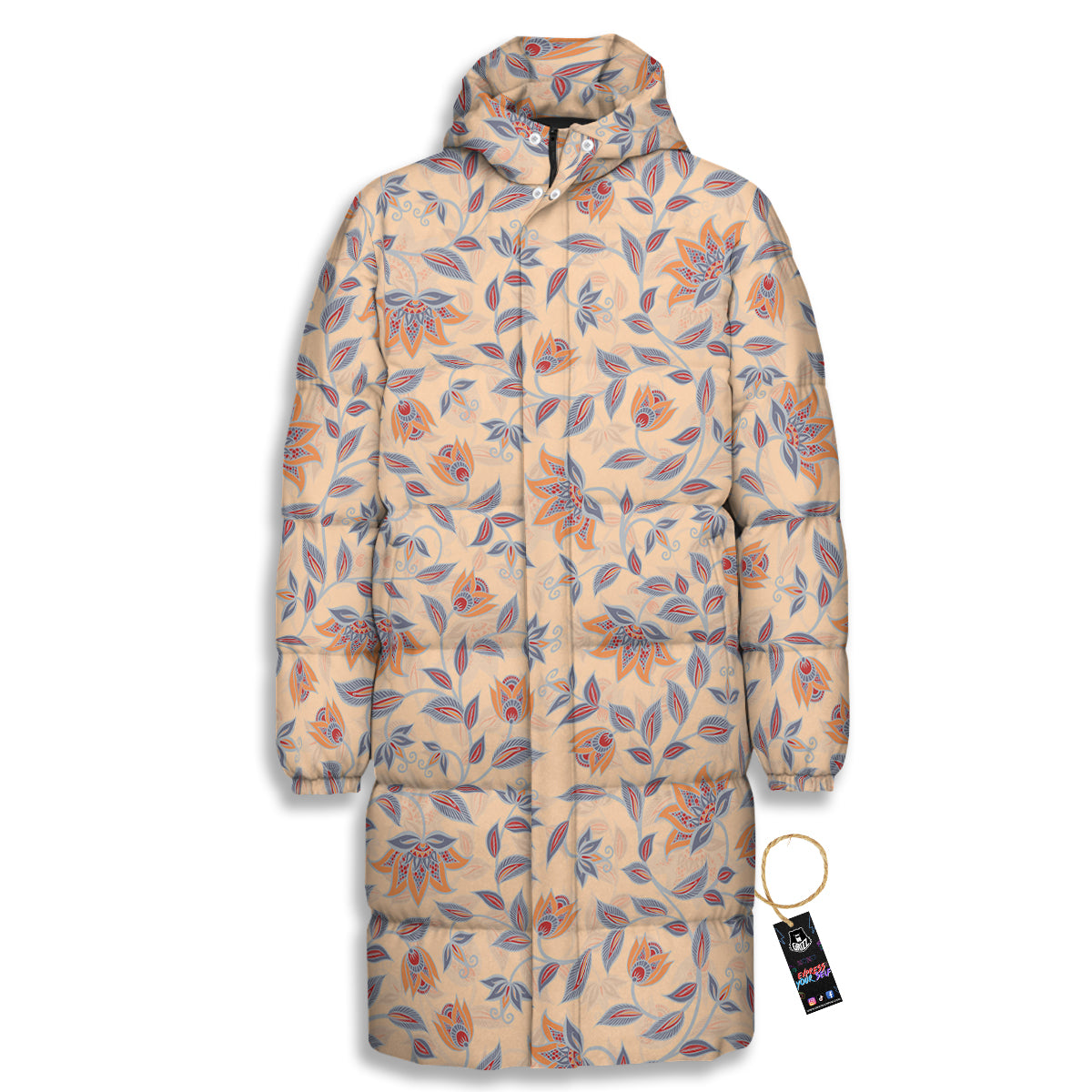 Floral Bohemian Beige Print Pattern Long Down Jacket