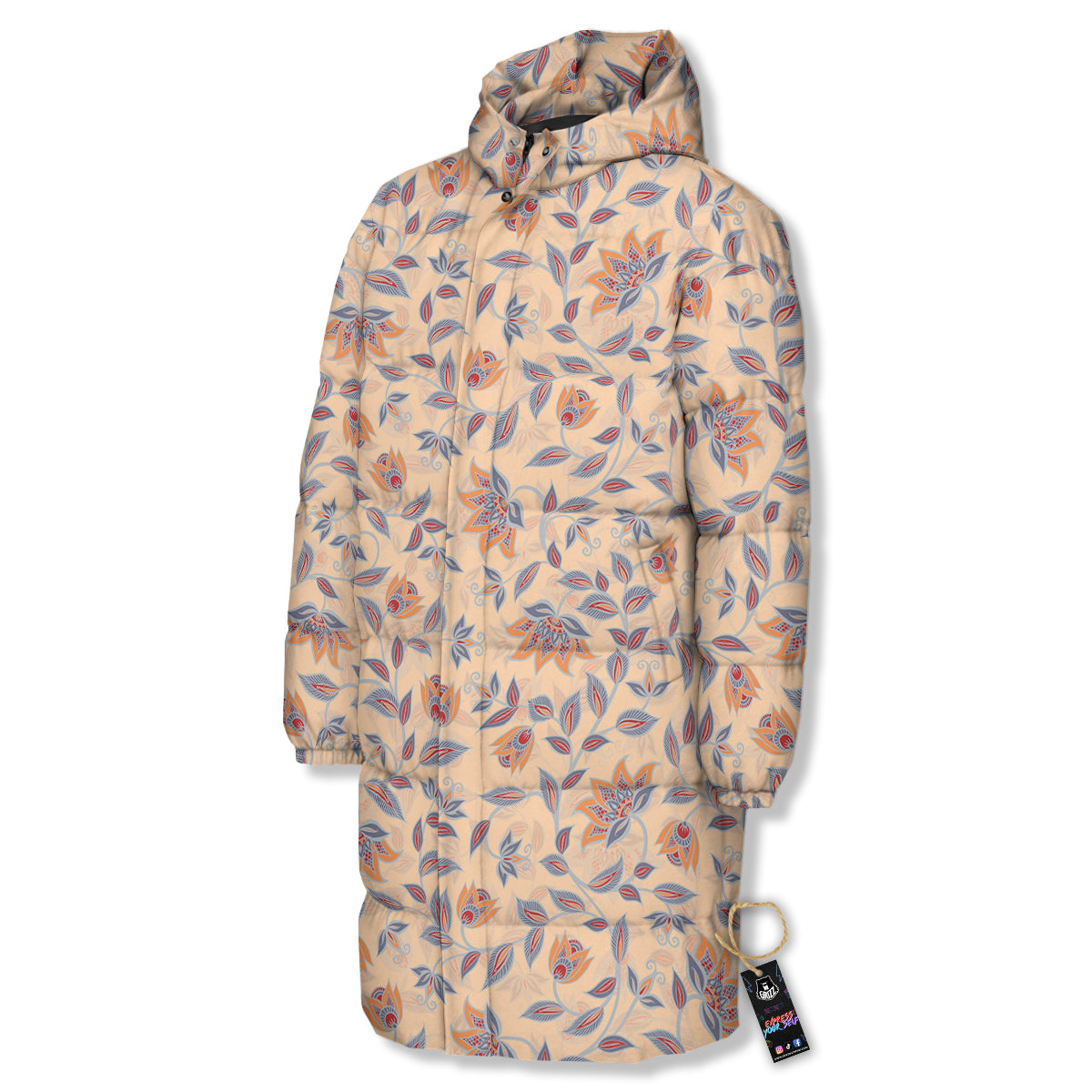 Floral Bohemian Beige Print Pattern Long Down Jacket