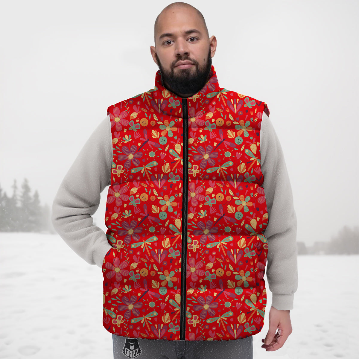 Floral Dragonfly Christmas Print Pattern Down Vest