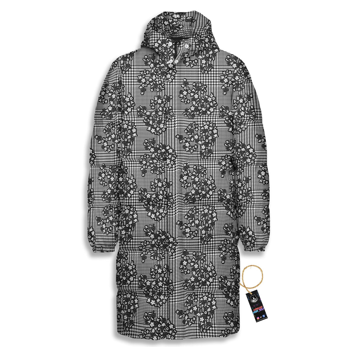 Floral Glen Plaid White And Black Print Long Down Jacket