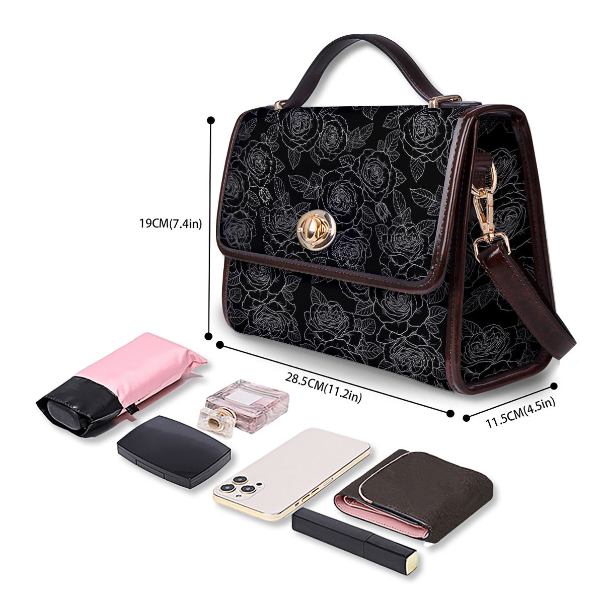 Floral Rose Monochrome Print Pattern Women's Satchel Bag