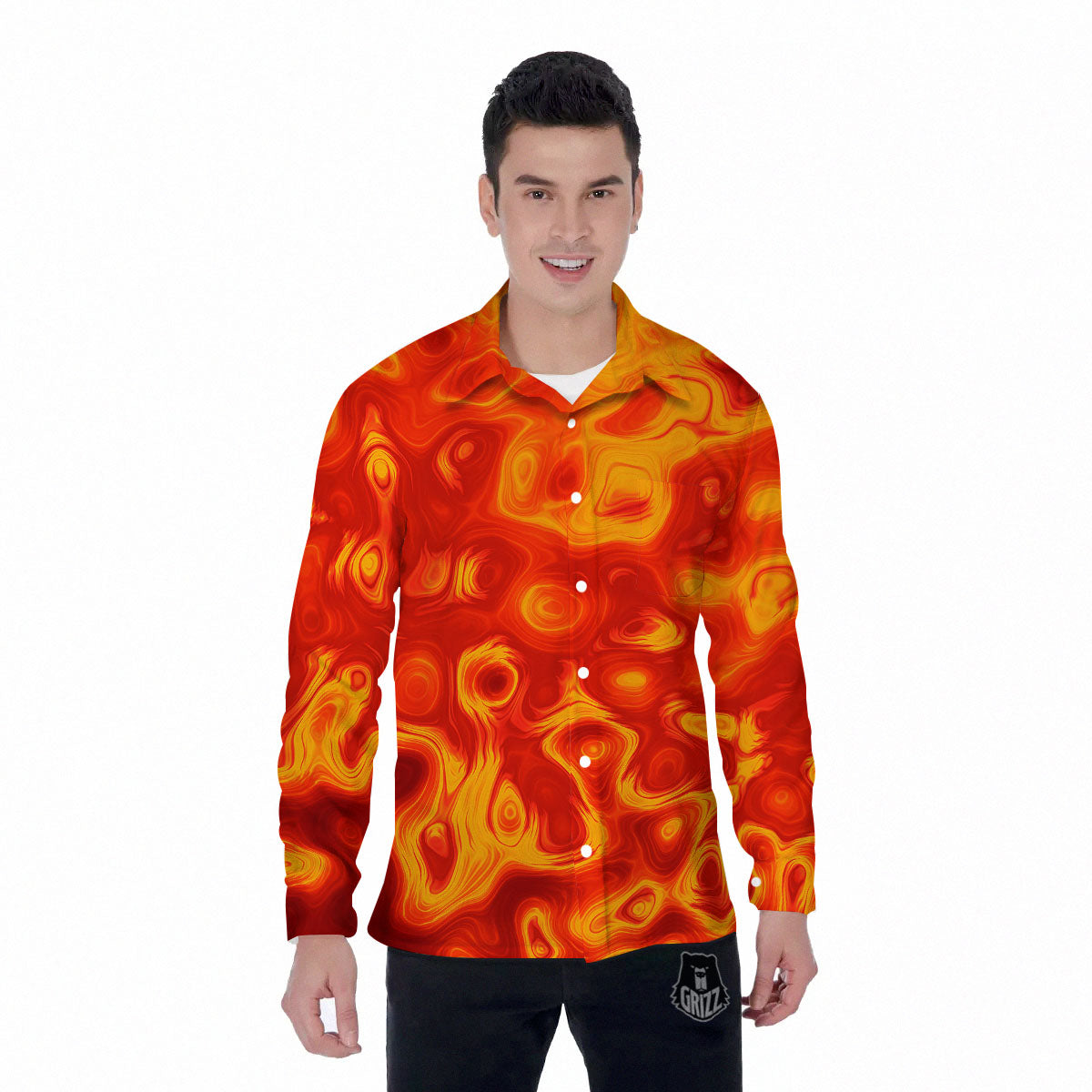 Flow Lava Print Men's Long Sleeve Shirts-grizzshop