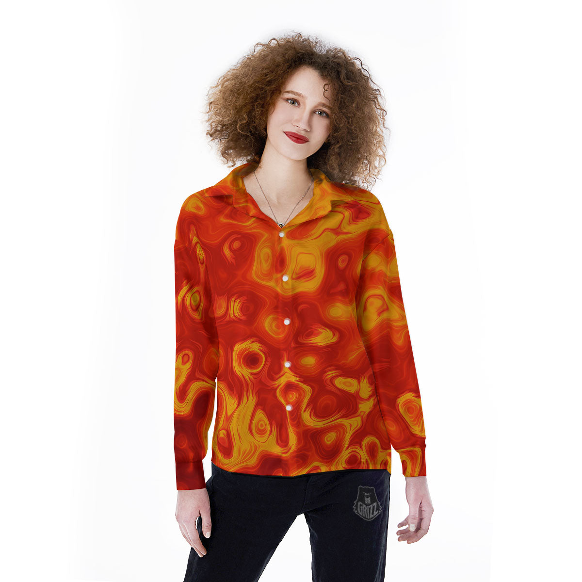 Flow Lava Print Women's Long Sleeve Shirts-grizzshop