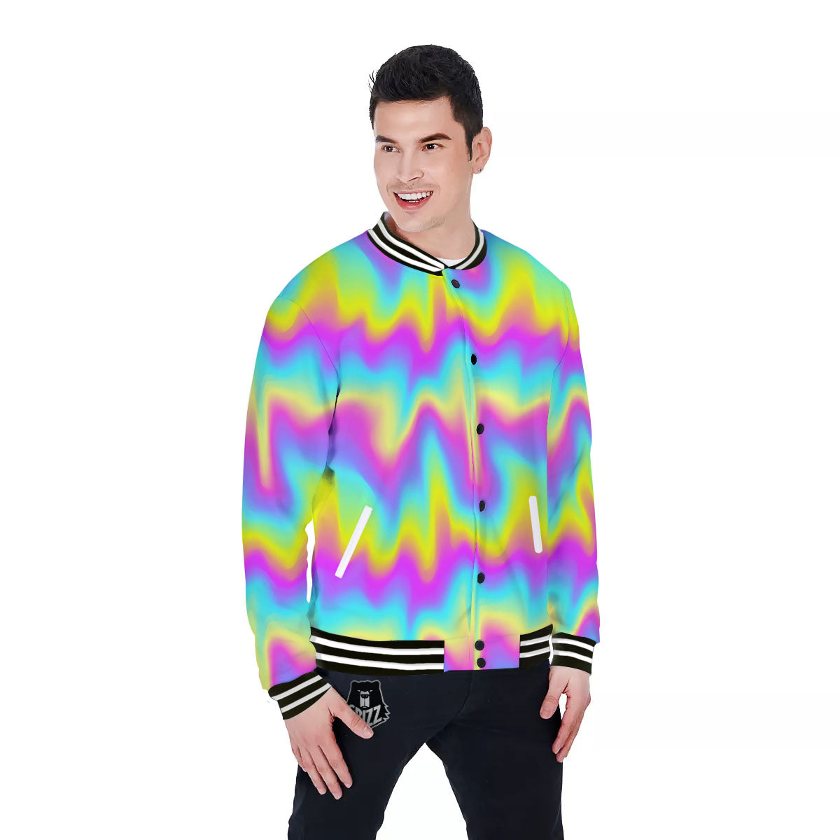 Flow Rainbow Print Pattern Baseball Jacket-grizzshop