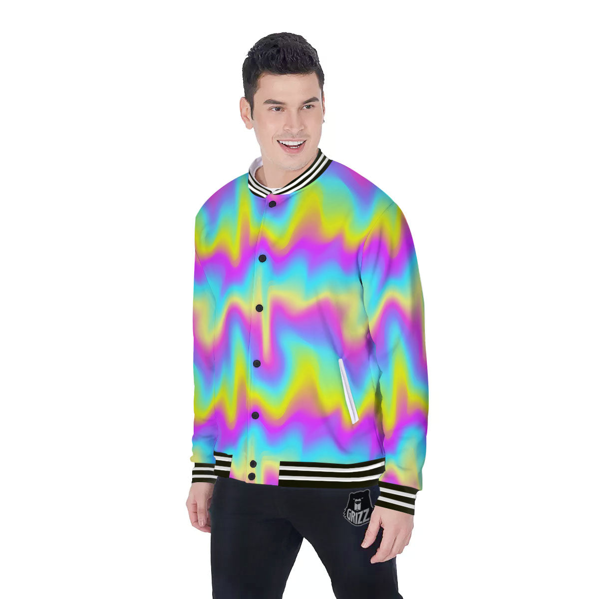 Flow Rainbow Print Pattern Baseball Jacket-grizzshop