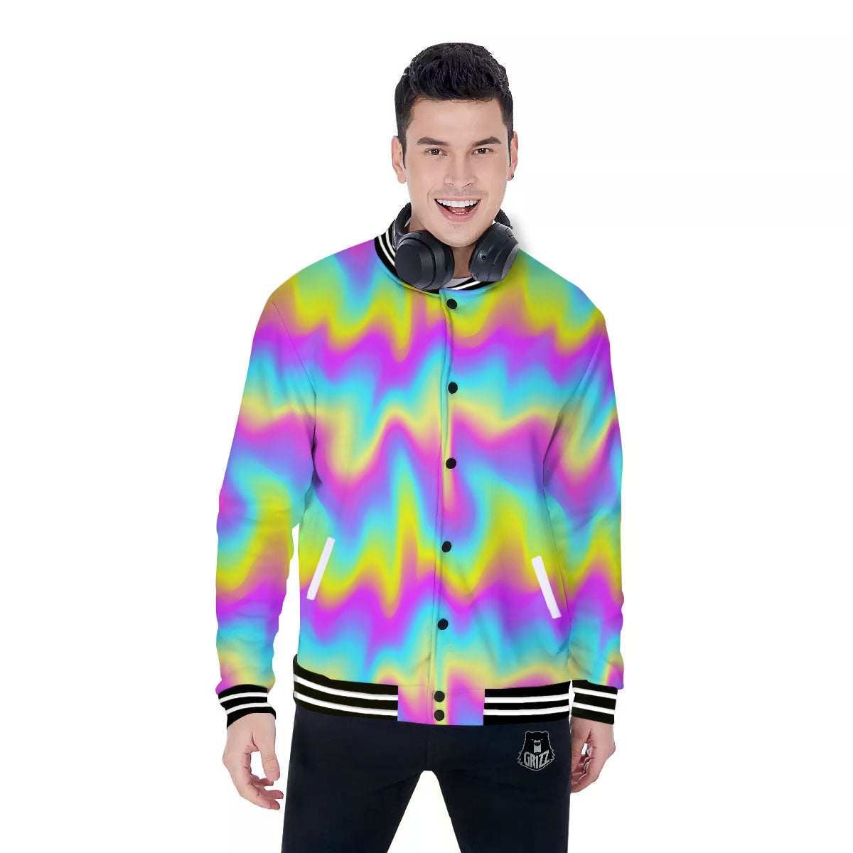 Flow Rainbow Print Pattern Baseball Jacket-grizzshop