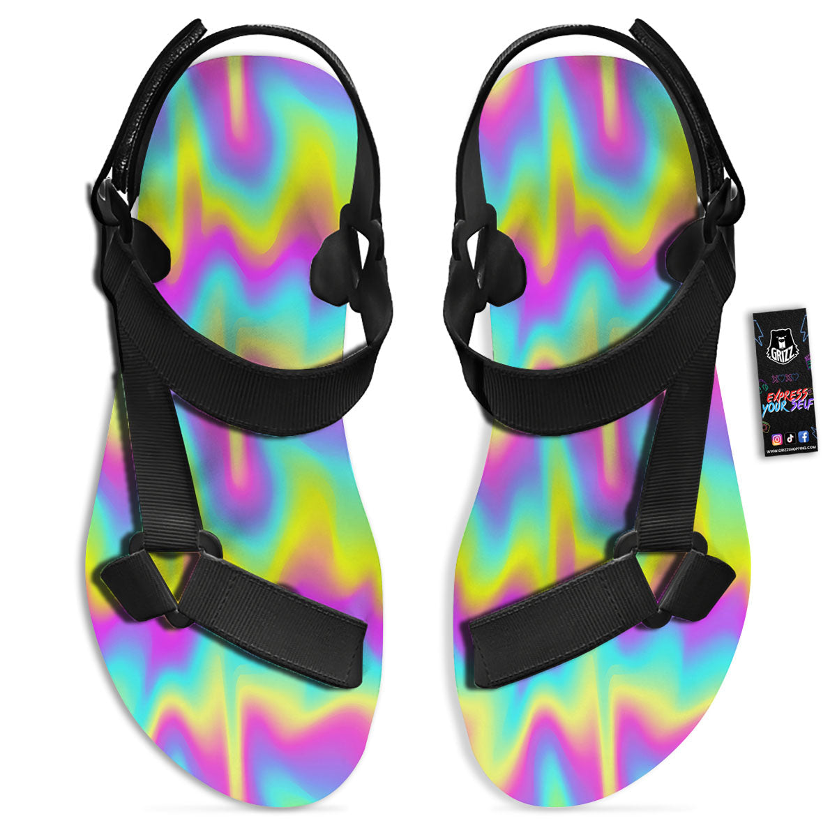 Flow Rainbow Print Pattern Black Open Toe Sandals-grizzshop