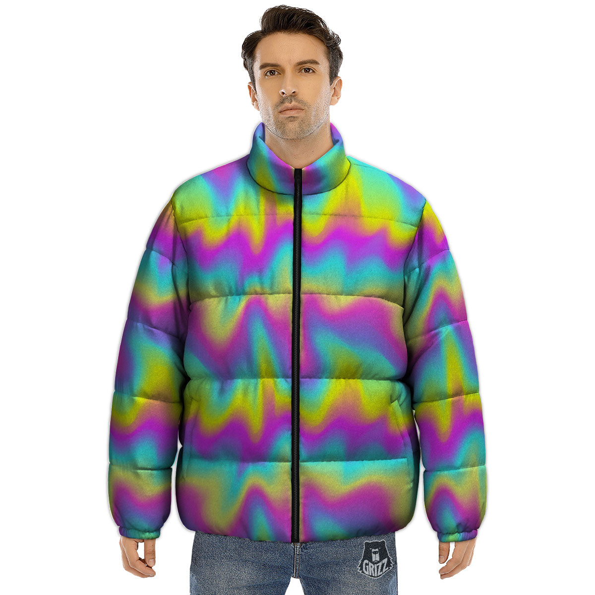 Flow Rainbow Print Pattern Puffer Jacket-grizzshop