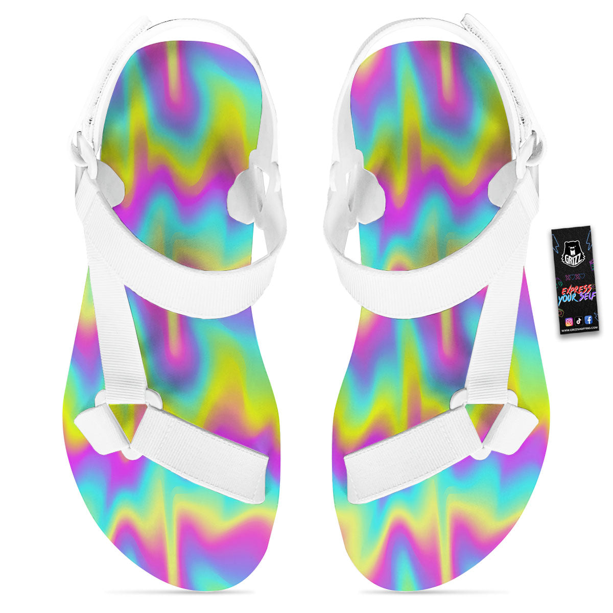Flow Rainbow Print Pattern White Open Toe Sandals-grizzshop